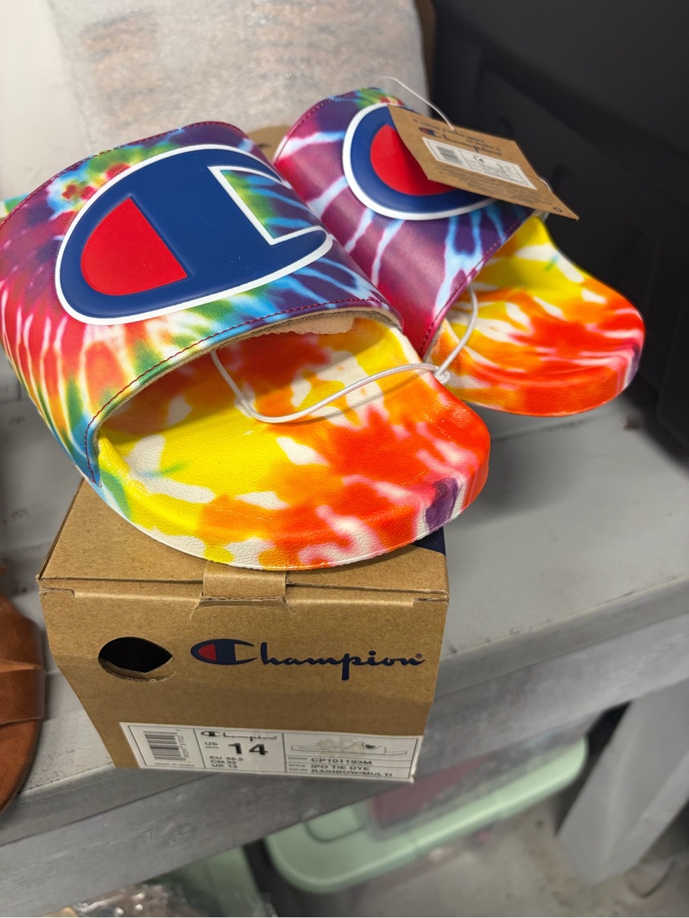 Champion Multicolor Tie-Dye Slide Sandals with Blue Logo